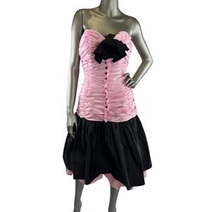 Vintage 1980s Victor Costa Pink and Black Strapless Dress Small